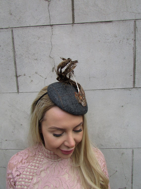 One off Piece - Dark Grey Black Wool Tweed Brown Pheasant 