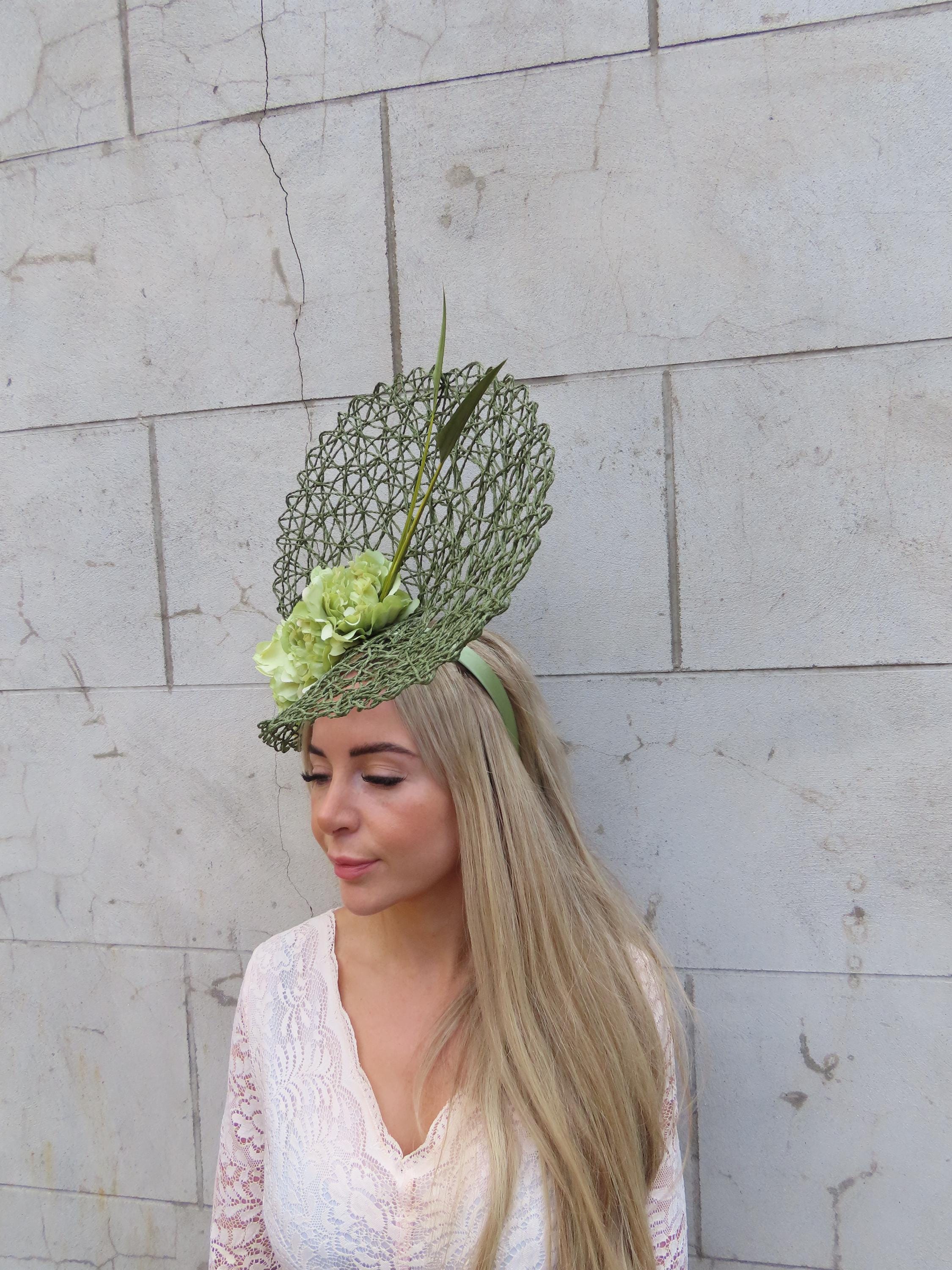 Large Olive Green Flower & Feather Hat Fascinator Wedding 