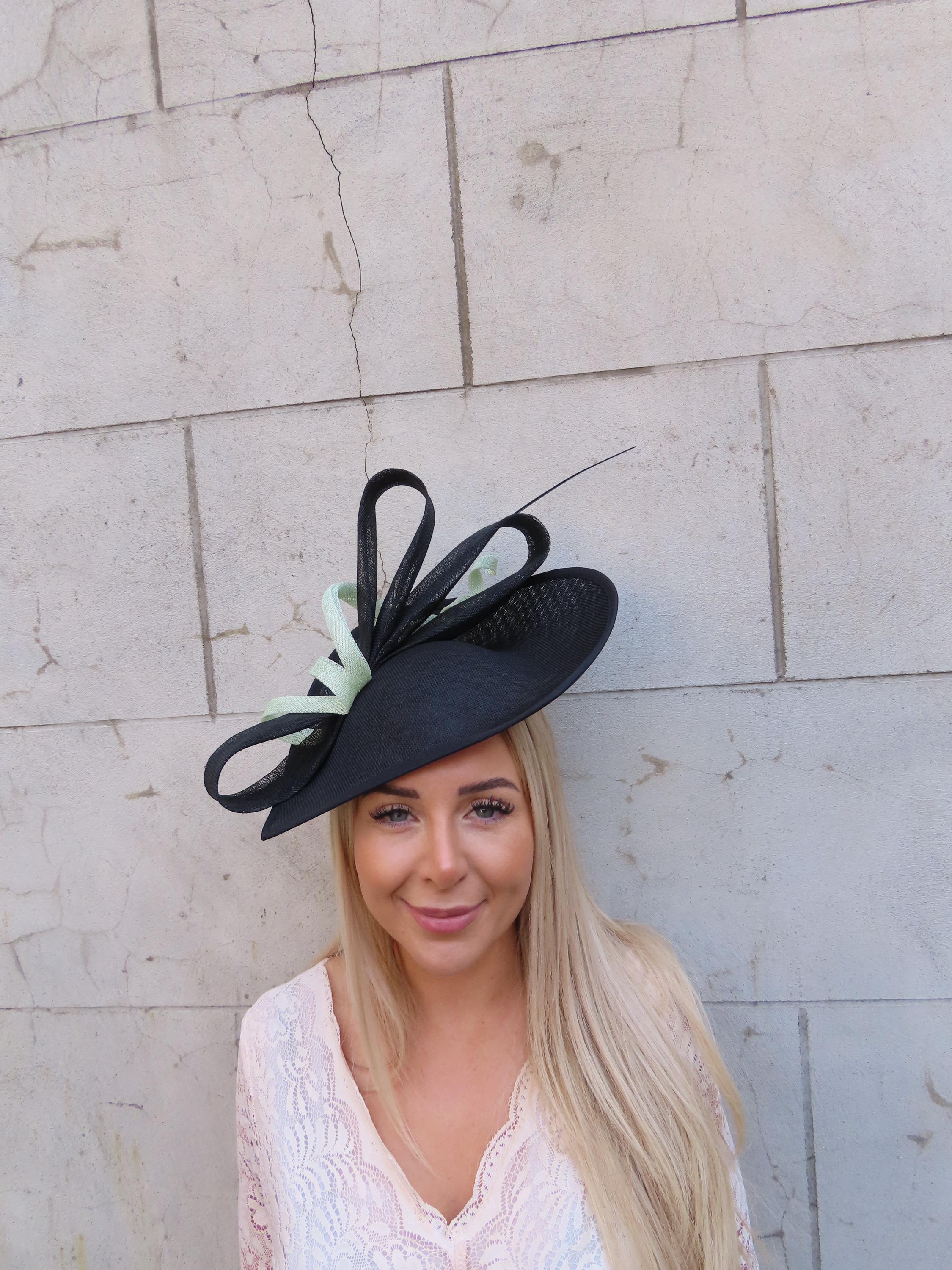 Mint Green & Black Large Teardrop Fascinator Hat Wedding  display picture 1