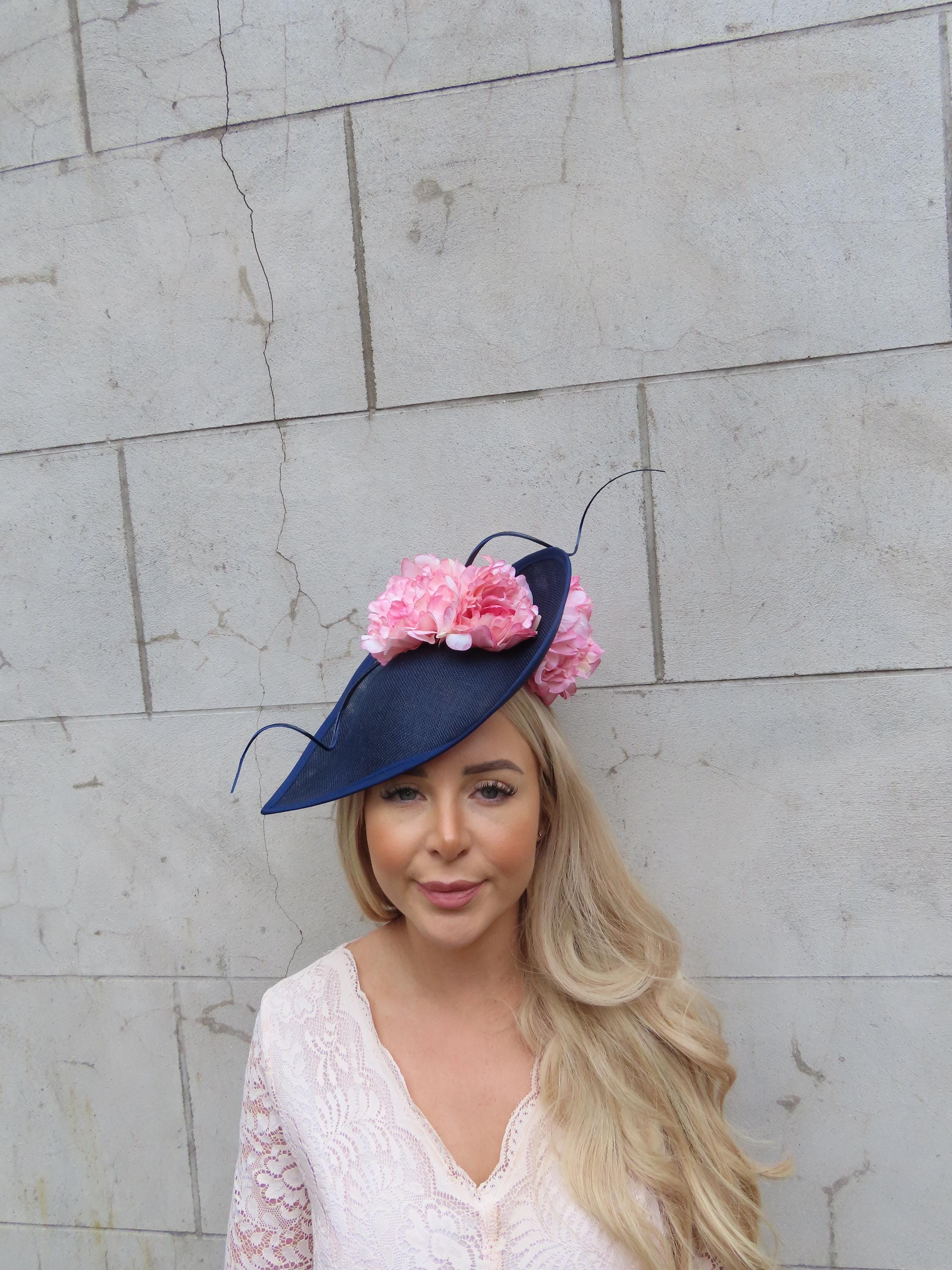 Large Navy Blue & Pink Flower Feather Fascinator Hat Big Teardrop ...