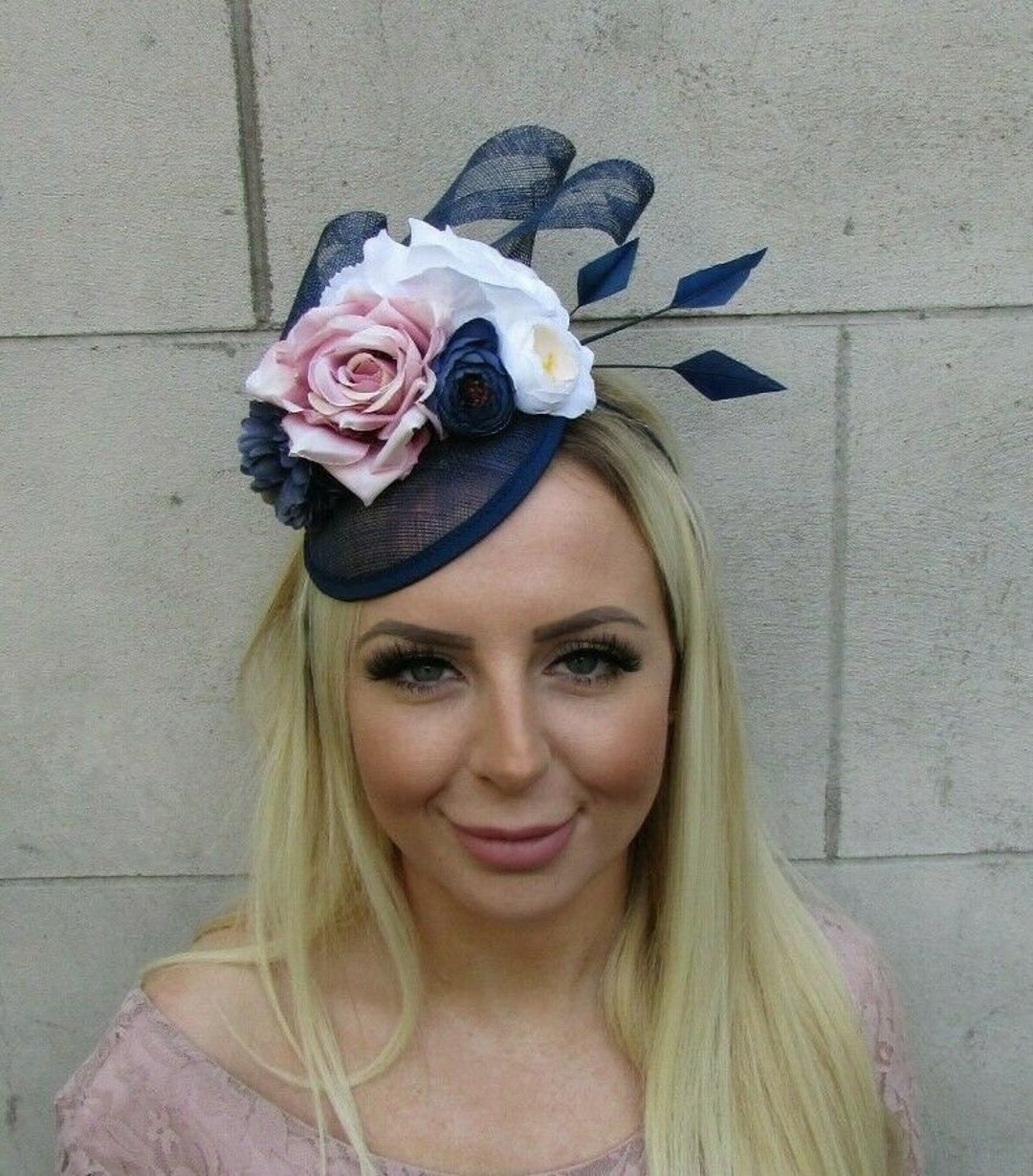 Navy Blue Blush Pink Dusky Pink White Feather Flower Hat Fascinator ...