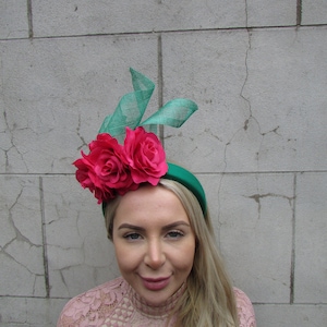 Emerald Green & Hot Pink Fascinator Flower Padded Headband Fascinator Headpiece Wedding Races Halo Hairband Cerise Fuchsia Pink u12603uu