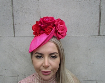 Red & Hot Pink Fascinator Hat Sinamay Disc Saucer Headpiece Fuchsia Bright Cerise Pink Ladies Day Wedding Races Flower Floral or-03