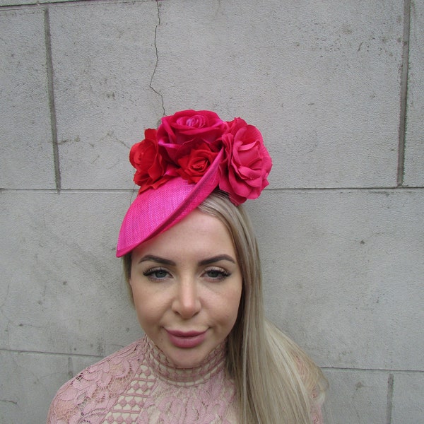 Red & Hot Pink Fascinator Hat Sinamay Disc Saucer Headpiece Fuchsia Bright Cerise Pink Ladies Day Wedding Races Flower Floral or-03