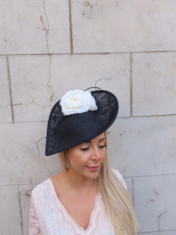 Dramatic Black & Cream Rose Flower Feather Fascinator Hat  display picture 1