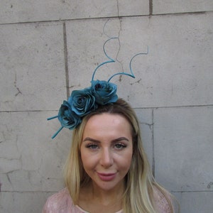 Teal Blue Rose Flower Statement Feather Fascinator Headband Headpiece Races Wedding Hairband Floral Dark Turquoise 0222b