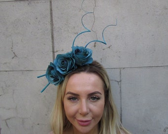 Teal Blue Rose Flower Statement Feather Fascinator Headband Headpiece Races Wedding Hairband Floral Dark Turquoise 0222b