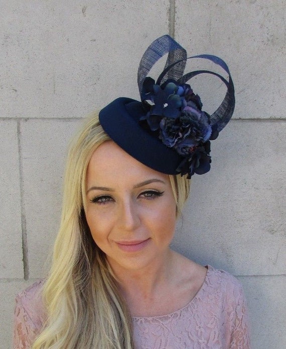 Navy Blue Hydrangea Flower Pillbox Hat Hair Fascinator Clip Etsy