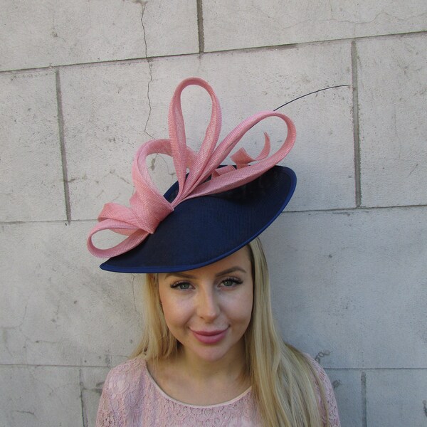 One Off Piece - Large Navy Blue Dusky Pink Blush Feather Fascinator Hat Big Teardrop Hatinator Wedding Races Headpiece u12708