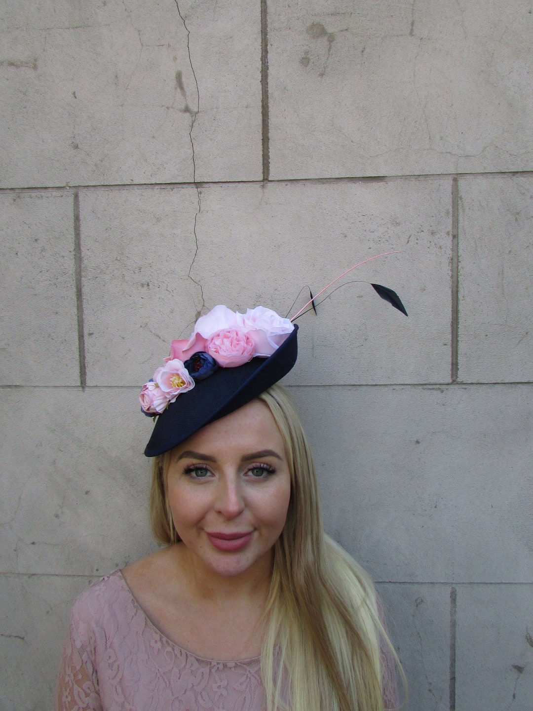 Navy Blue Blush Pink Dusky Pink Flower Fascinator Feather Hat Disc ...
