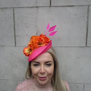 Orange Hot Pink Fascinator Hat Sinamay Disc Saucer Headpiece Rose Flower Headband Wedding Tilted Races Floral Fuchsia Bright Cerise u10904