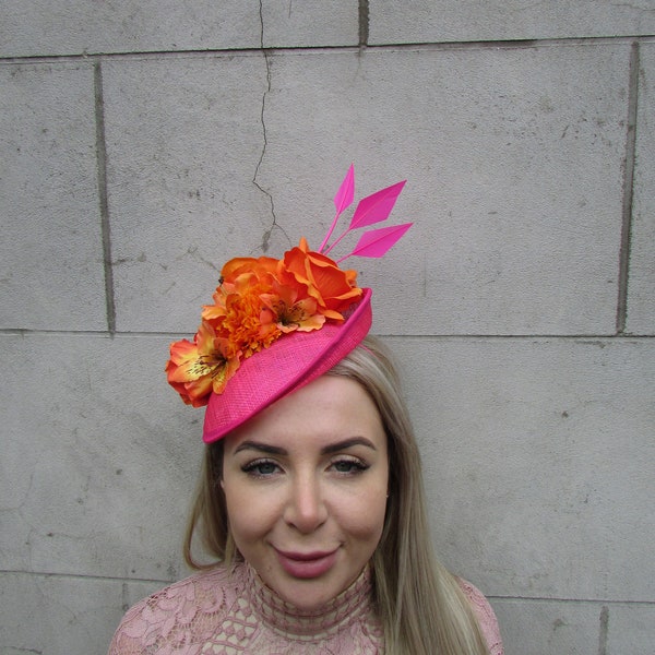Orange Hot Pink Fascinator Hat Sinamay Disc Saucer Headpiece Rose Flower Headband Wedding Tilted Races Floral Fuchsia Bright Cerise u10904