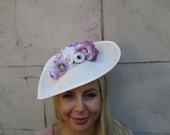 Large Cream Mauve Lilac Light Purple Flower Fascinator Hat Big Teardrop Wedding Races Floral Hatinator Headpiece sh-164