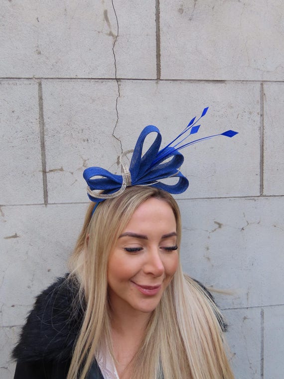 Royal Blue & Gold Sinamay Feather Fascinator Headband  display picture 3