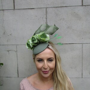 Sage Green Olive Floral Khaki Rose Flower Fascinator Pillbox Hat Wedding Races Fascinator Headpiece Hairband or Clips sh-307