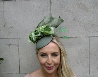 Sage Green Olive Floral Khaki Rose Flower Fascinator Pillbox Hat Wedding Races Fascinator Headpiece Hairband or Clips sh-307