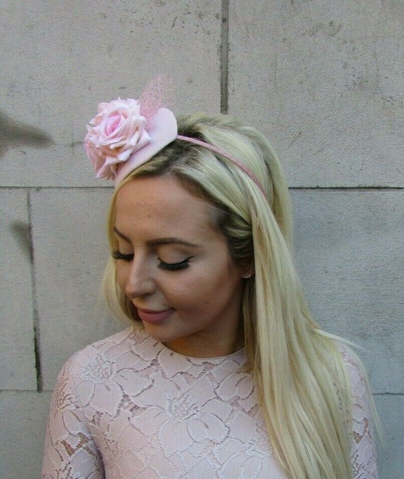 Blush Pink Light Pink Rose Flower Floral Teardrop Fascinator Hat Headband Hairband Hair Band Net Detailing Wedding Church Races 0591