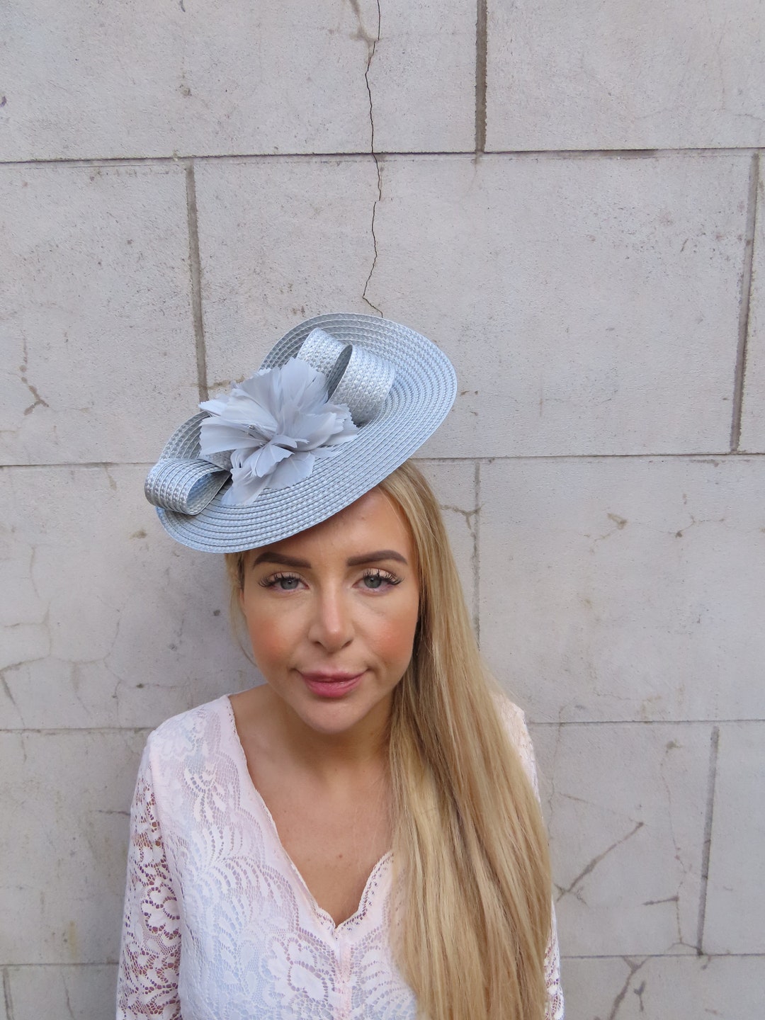 One off Piece Large Light Grey Straw Style Feather Hat Fascinator ...