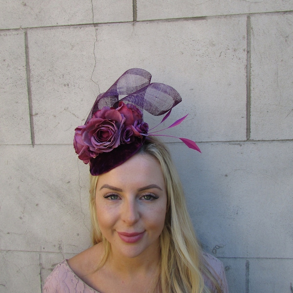 Plum Grape Purple Rose Flower Feather Pillbox Hat Fascinator Races Wedding Velvet Headpiece Floral sh-327