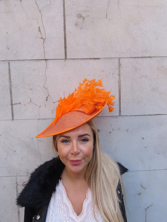 Large Burnt Orange Feather Fascinator Hat Big Teardrop 