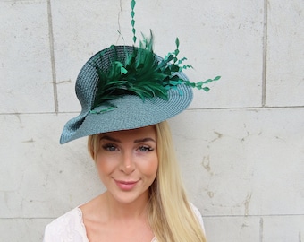 One off Piece Large Bottle Green Feather Straw Style Hat