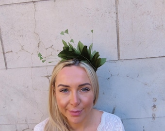 Khaki Green Feather Fascinator Hat, Wedding Guest Headpiece  display picture 2