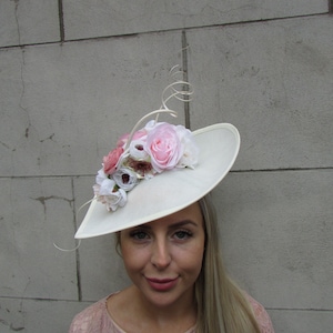 Large Cream Ivory Light Pink Blush Dusky Pink Rose Floral Flower Fascinator Hat Big Teardrop Tilted Wedding Races sh-405uu