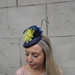 Navy Blue Lime Chartreuse Green Rose Flower Feather Pillbox Hat Hair Fascinator Wedding Races Headpiece Headband Hairband Floral sh-255 image 2