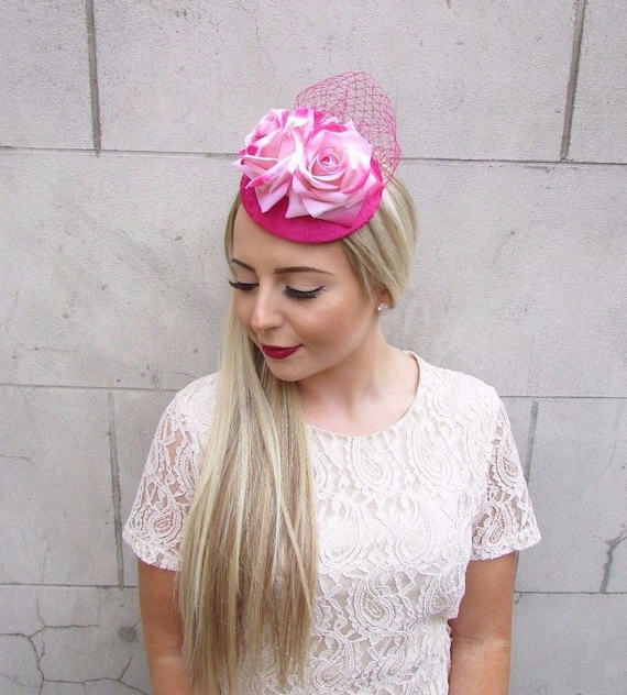 Hot Light Pink Rose Net Flower Fascinator Pillbox Hat Races Hair Clip Vtg 3888