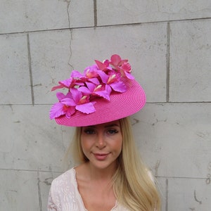 One off Piece Large Pink Orchid Flower Straw Style Hat Fascinator Wedding Guest Races Ladies Day Disc Hatinator Big Magenta Hot Pink u10408