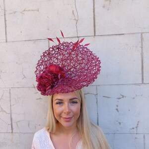 One off Piece Large Burgundy Wine Red Flower Feather Hat  display picture 2
