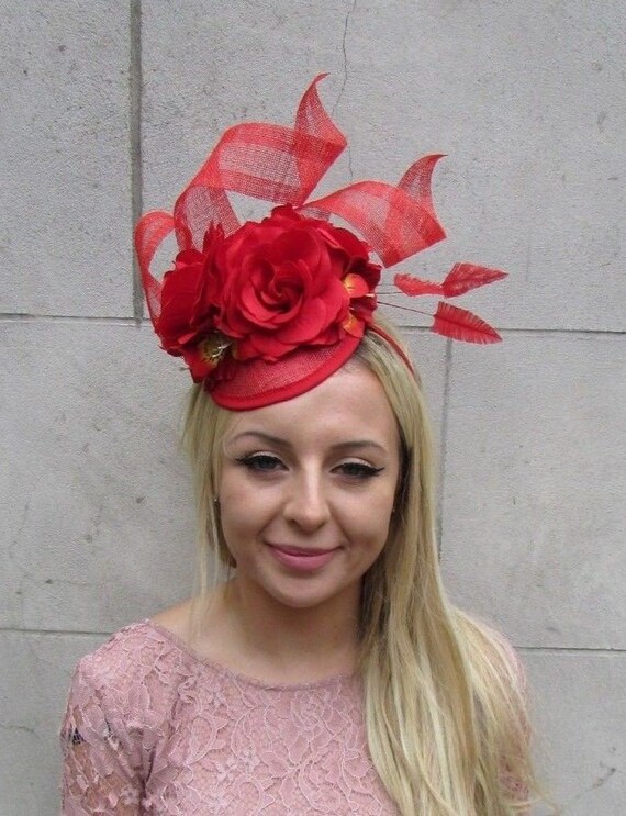 Red Sinamay Rose Flower Feather Pillbox 