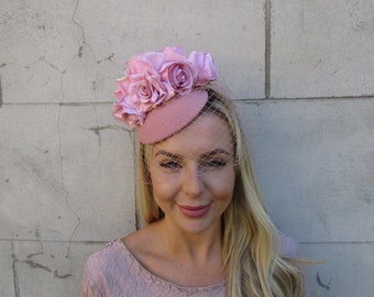 Dusky Blush Pink Rose Flower Birdcage Veil Fascinator Pillbox Hat Races Wedding Vintage Style Blusher Veil Dusty Pink 0900a