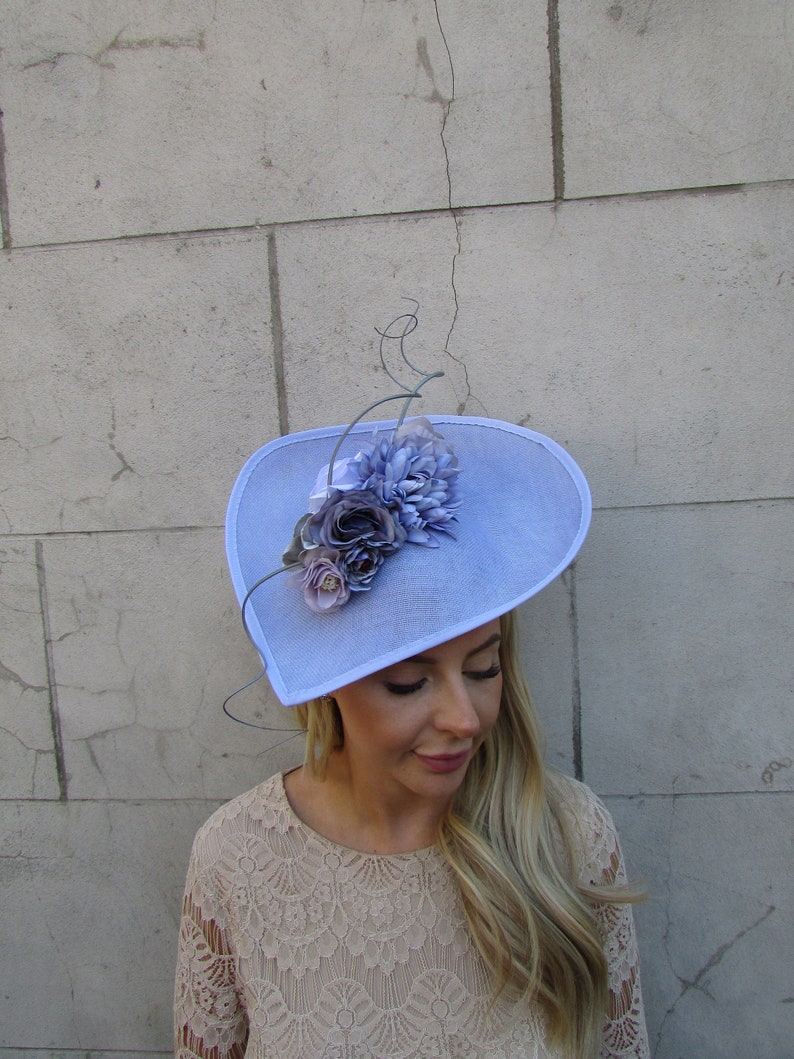 Large Light Cornflower Blue Periwinkle Bluebell Blue Grey Rose Floral Flower Fascinator Hat Big Teardrop Wedding Races sh-390 image 2