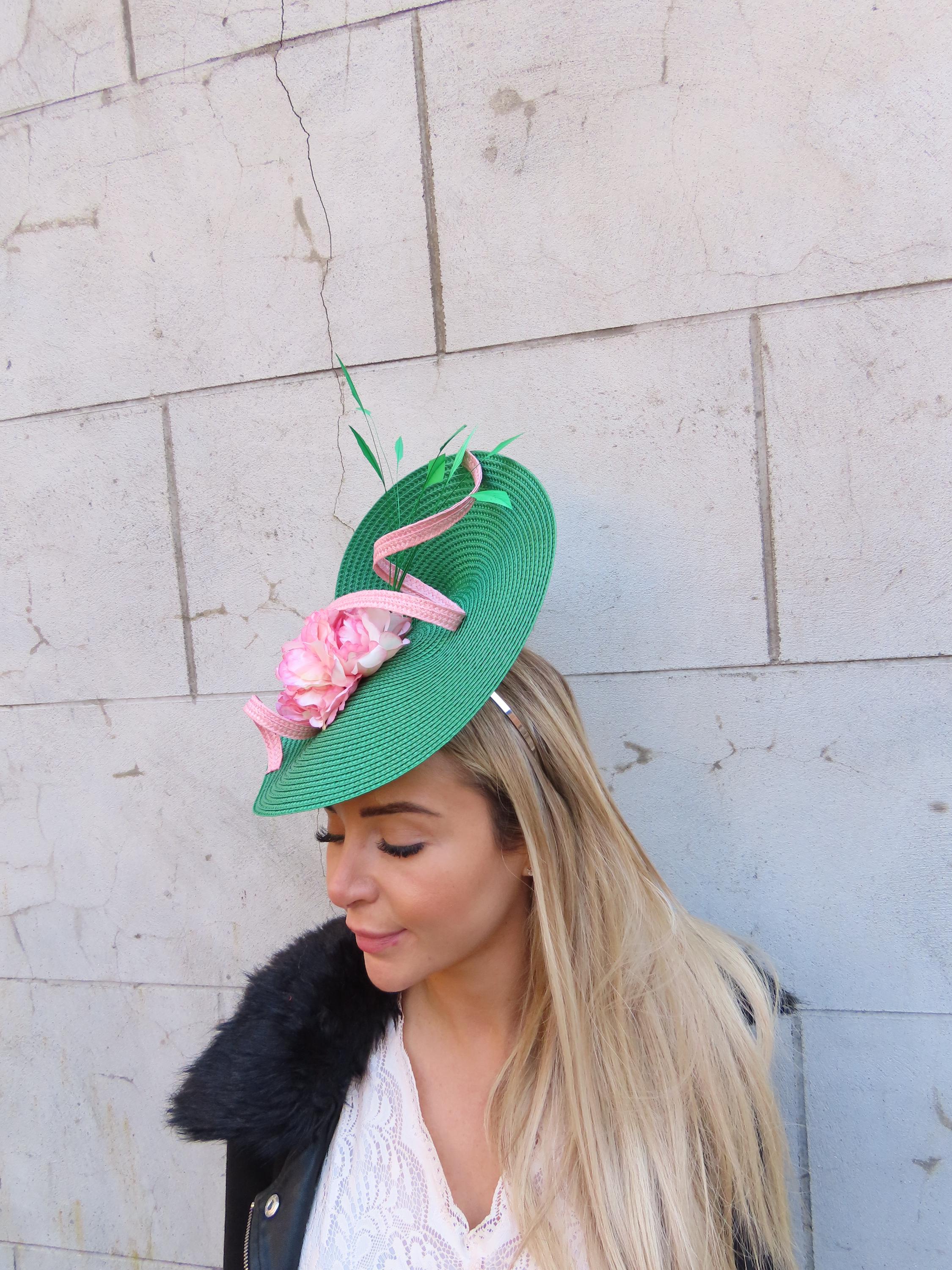 Large Pink & Emerald Green Flower Hat Fascinator Wedding Races Disc ...