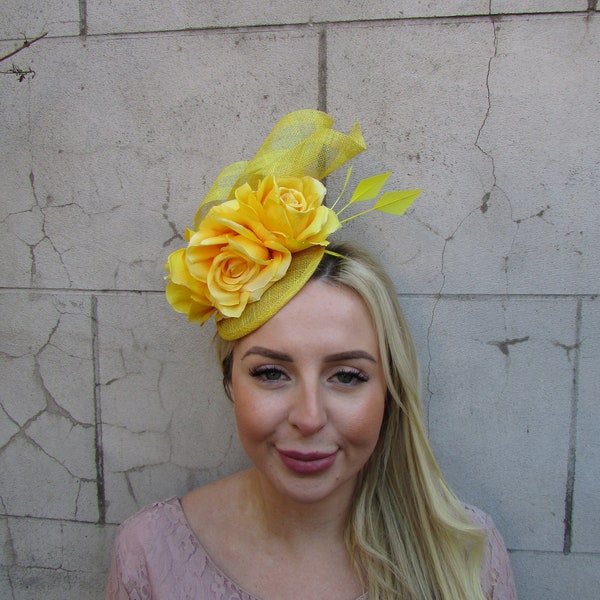 Yellow Sinamay Rose Flower Feather Hat Fascinator Races Hair Band Wedding Guest Floral or-10