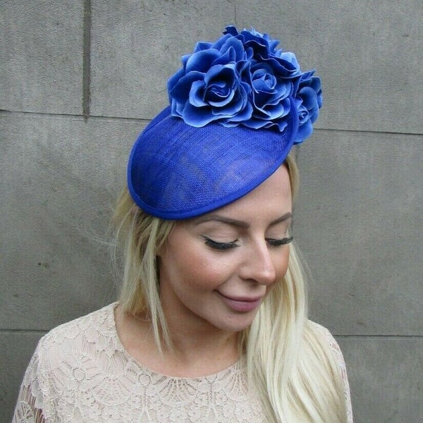 Royal Blue Rose Flower Floral Hair Fascinator Disc Hat Sinamay Saucer Cobalt SH-21