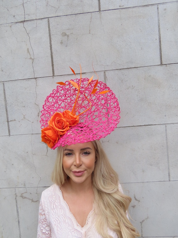 Vibrant Fuchsia and Orange Floral Fascinator Headband Orange & Hot Pink Flower Pillbox Hat Fascinator Wedding  main image 3