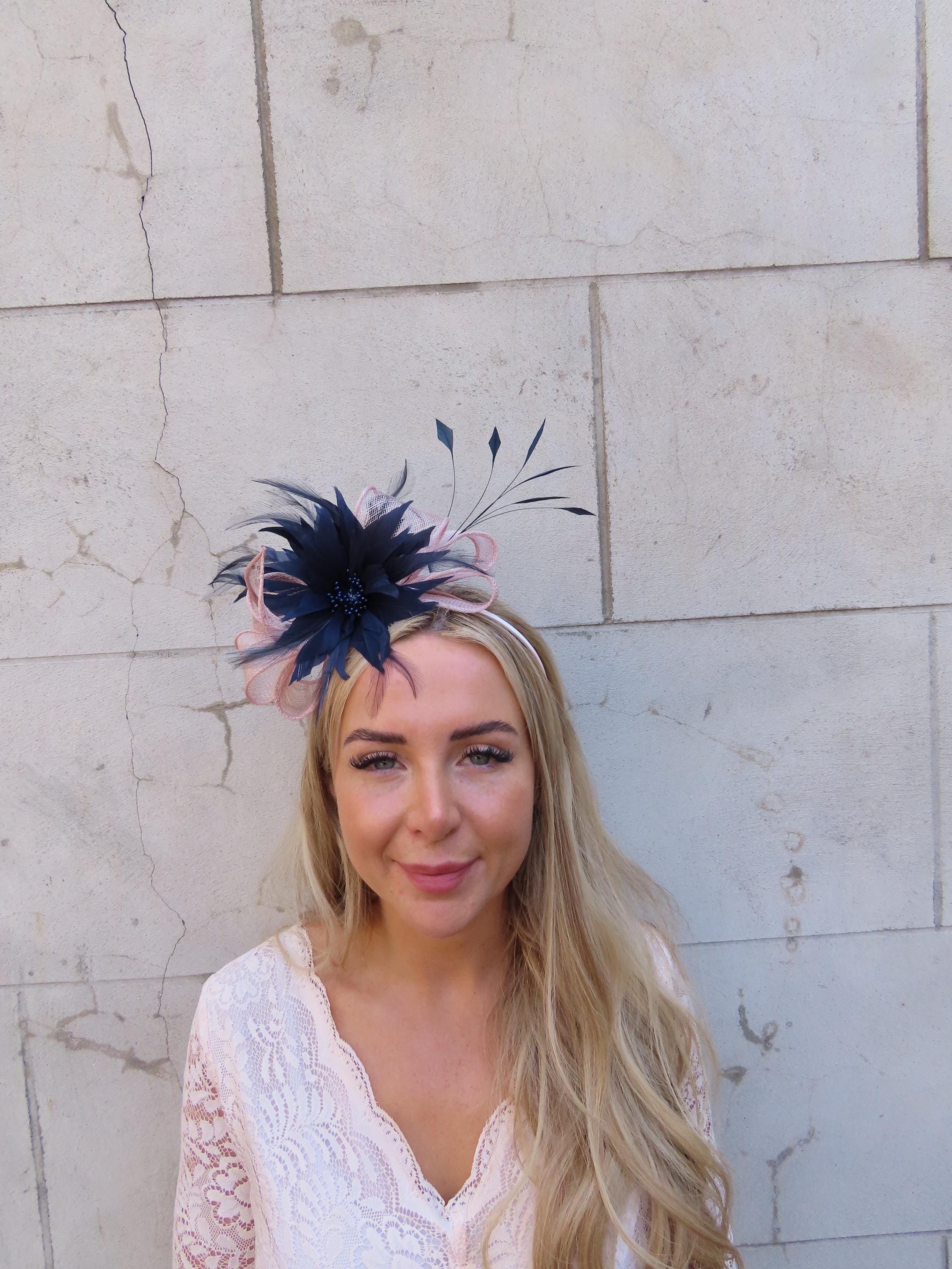 Light Blush Pink & Navy Blue Fascinator Headband Wedding Guest