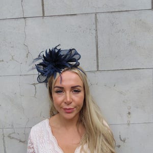Navy Blue Fascinator Headband  Sinamay Bow Feather Flower Wedding Guest Headpiece Races Modern One off Piece - u13007