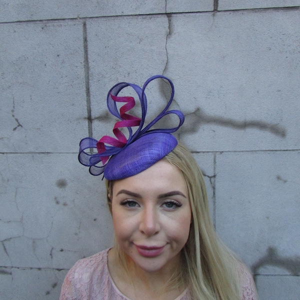 One off piece - Cadbury Purple Fuchsia Magenta Hot Pink Fascinator Hat Sinamay Bow Wedding Guest Races Percher Pillbox u1b47