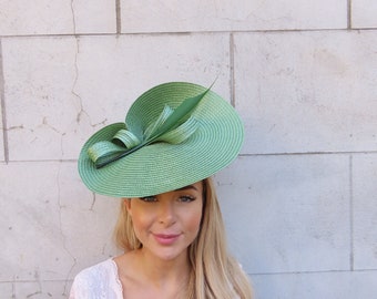 One off Piece Large Olive Green Feather Straw Hat Fascinator Wedding Guest Races Ladies Day Disc Headband Hairband Hatinator Big u10505