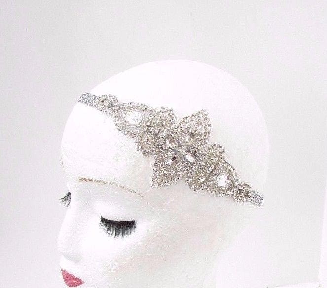 Black Silver Vintage Feather Headdress 1920s Great Gatsby Headband Diamante Y84