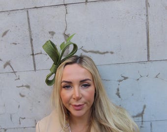 Olive Green Feather Fascinator Headband Races Wedding Guest Sinamay