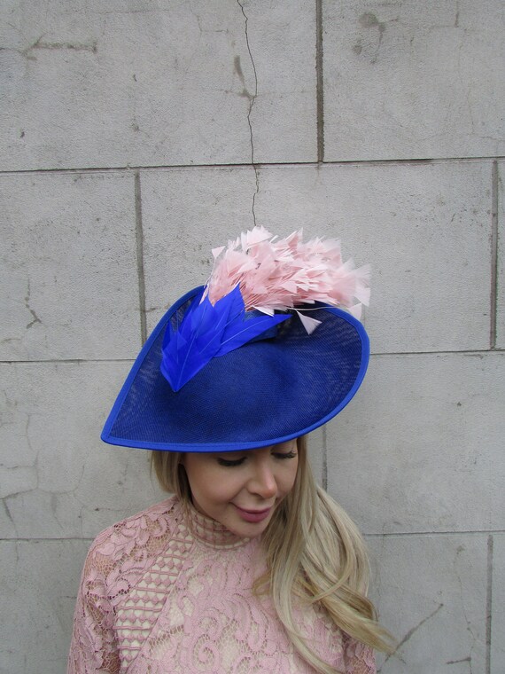 Large Royal Blue Blush Light Dusky Pink Feather Fascinator  display picture 3
