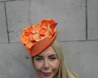 New Orange Orchid Flower Saucer Disc Hat Fascinator Headband Wedding Races Hair Hatinator Headpiece Ladies Day Burnt Orange sh-459 uu