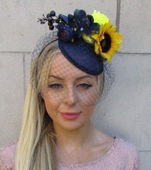 Navy Blue Yellow Sinamay Birdcage Veil 