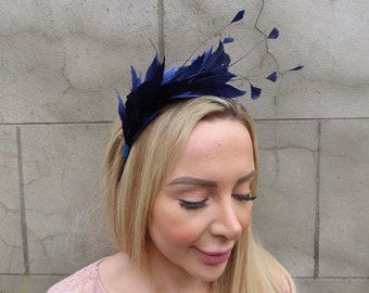 Navy Blue Feather Fascinator Races Wedding Guest Headpiece Hairband Alice Band Headband Ladies Day Outfit Thin Headband u11002