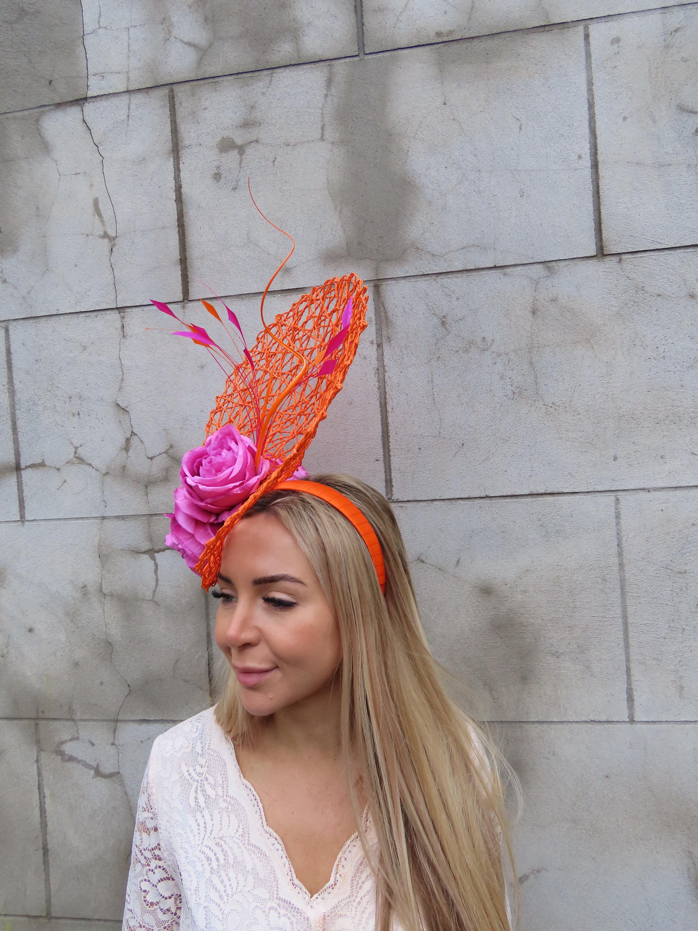 Large Orange Hot Pink Flower & Feather Straw Hat Fascinator  display picture 2