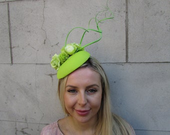 Lime Green Flower Feather Pillbox Hat Fascinator Wedding Races Headpiece Headband Hairband Floral sh-396